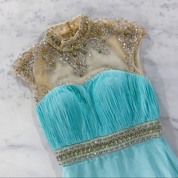 Aqua Chiffon Illusion Evening Gown Prom Dress - Picture 2 of 8